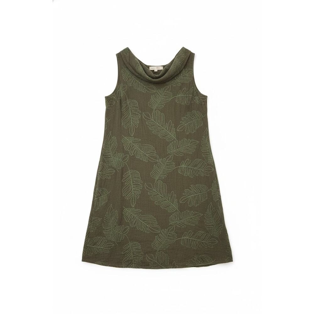 Lina Tomei Dark Olive Linen Shift Dress with Tropical Leaf Embroidery Coastal L - Picture 2 of 4